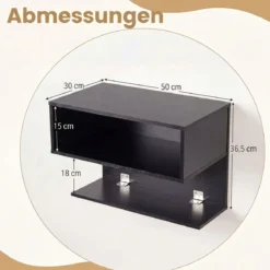 2er Set Wandmontierter Nachttisch Hängender Nachtschrank aus Holz mit 2 Offenen Fächern Schwarz