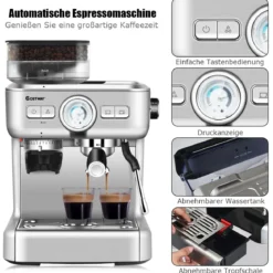 Espresso Maschine Automatische Kaffeemaschine Siebträgermaschine Siebträger 2L Wassertank Silber