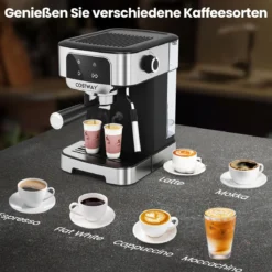 Espressomaschine 20 Bar 1200 W Espressokocher mit Dampf-Milchaufschäumer 18 L abnehmbarer Wassertank Schwarz