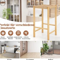 Esszimmer-Barhocker-Set Rahmen aus Gummibaumholz & Sitz aus geflochtenem Papier Rustikaler Barhocker in Counter-Höhe65 cm