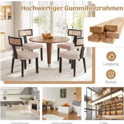 Esszimmerstuhl Küchenstuhl mit Rattan Rückenlehne gepolsterter Sitz & Holzbeine Schwarz