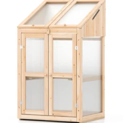 2 Etagen Frühbeet aus Holz & PC Hochbeet wetterfest Gewächshaus mit 2 Türen für Garten Balkon 69 x 58 x 121 cm Natur