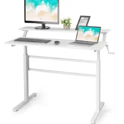 2-Etagen Höhenverstellbarer Ergonomischer Stehtisch Sitz-Steh-Schreibtisch 120 x 60 x 88-126 cm Weiß
