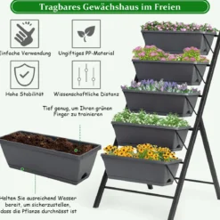 5-Etagen-Hochbeet Pflanzenständer Freistehende Pflanzenleiter 57 x 68,5x 114 cm Grau