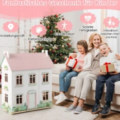 3 Etagen Holz Puppenhaus mit Doppelseitigen Dächern & zu Öffnenden Türen Puppenstube