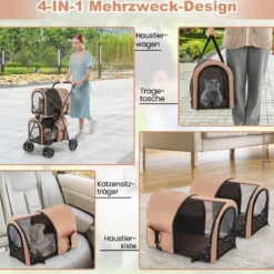 2 Etagen Hundewagen bis 16 kg Hundebuggy mit Netzfenstern Getränkehalter Beige