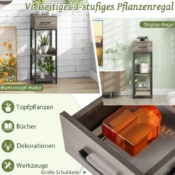 3 Etagen Metall-Pflanzenständer Blumenständer mit Schublade Holz 30,5 x 30,5 x 92 cm (1 Pack)