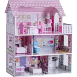 3 Etagen Puppenhaus aus Holz Puppenstube mit Möbeln & Zubehör Puppenvilla Mädchen Rosa