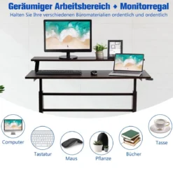 2-Etagen Stehtisch Sitz-Steh-Schreibtisch mit Monitor Regal Höhenverstellbar 120 x 60 x 88-126 cm Braun