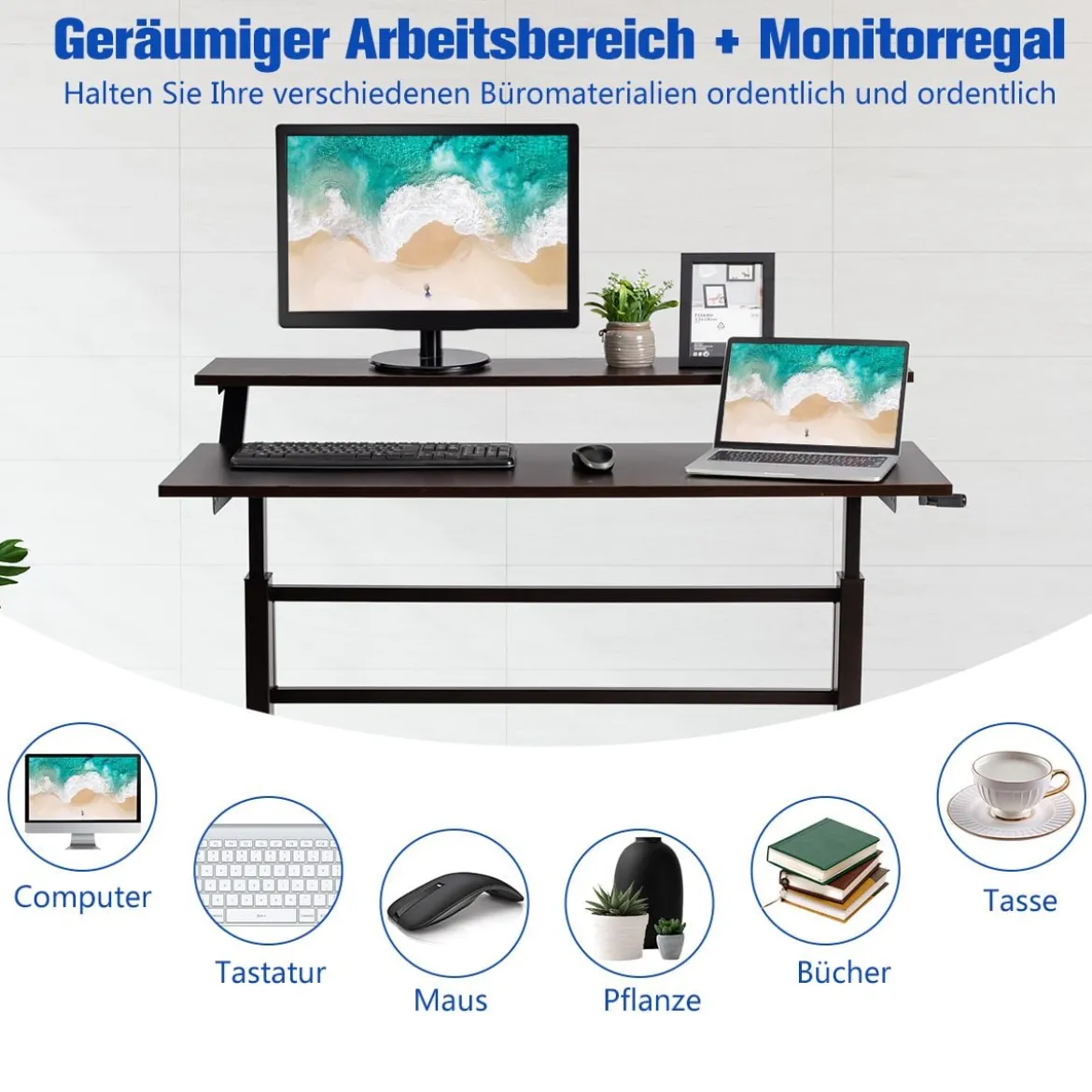 2-Etagen Stehtisch Sitz-Steh-Schreibtisch mit Monitor Regal Höhenverstellbar 120 x 60 x 88-126 cm Braun