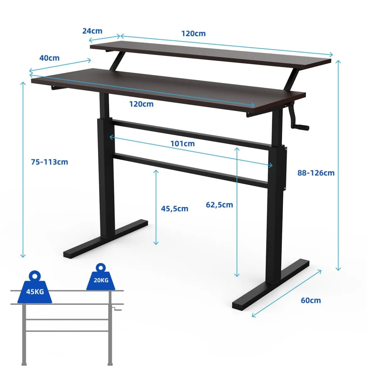 2-Etagen Stehtisch Sitz-Steh-Schreibtisch mit Monitor Regal Höhenverstellbar 120 x 60 x 88-126 cm Braun