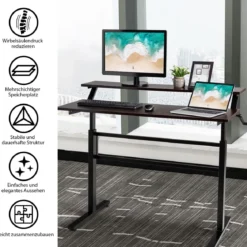 2-Etagen Stehtisch Sitz-Steh-Schreibtisch mit Monitor Regal Höhenverstellbar 120 x 60 x 88-126 cm Braun
