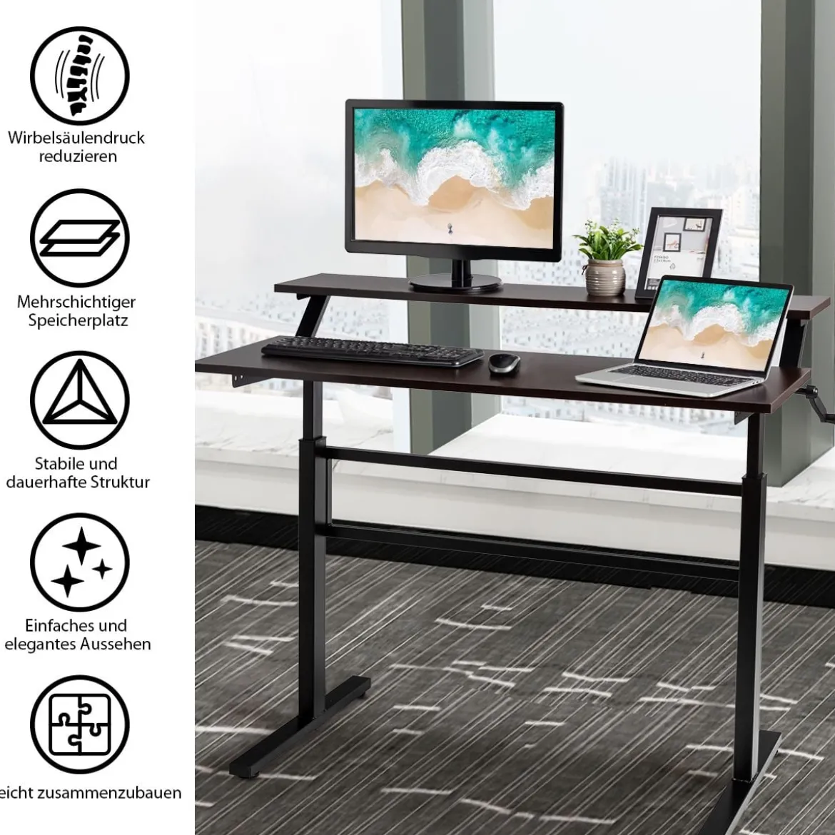 2-Etagen Stehtisch Sitz-Steh-Schreibtisch mit Monitor Regal Höhenverstellbar 120 x 60 x 88-126 cm Braun