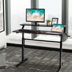 2-Etagen Stehtisch Sitz-Steh-Schreibtisch mit Monitor Regal Höhenverstellbar 120 x 60 x 88-126 cm Braun