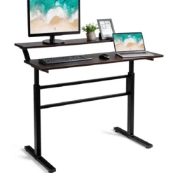 2-Etagen Stehtisch Sitz-Steh-Schreibtisch mit Monitor Regal Höhenverstellbar 120 x 60 x 88-126 cm Braun