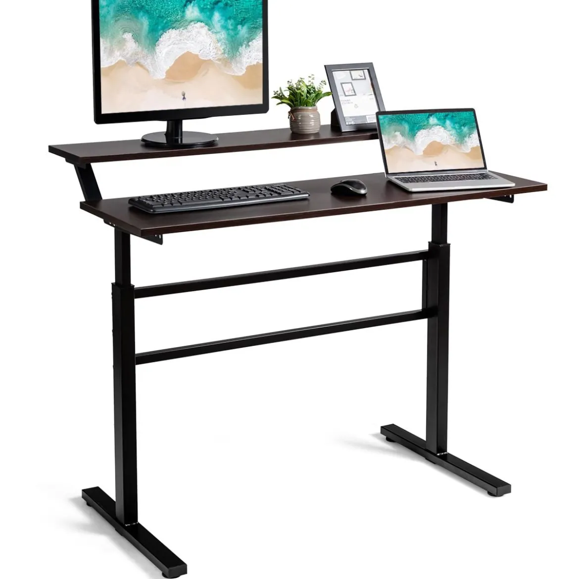 2-Etagen Stehtisch Sitz-Steh-Schreibtisch mit Monitor Regal Höhenverstellbar 120 x 60 x 88-126 cm Braun