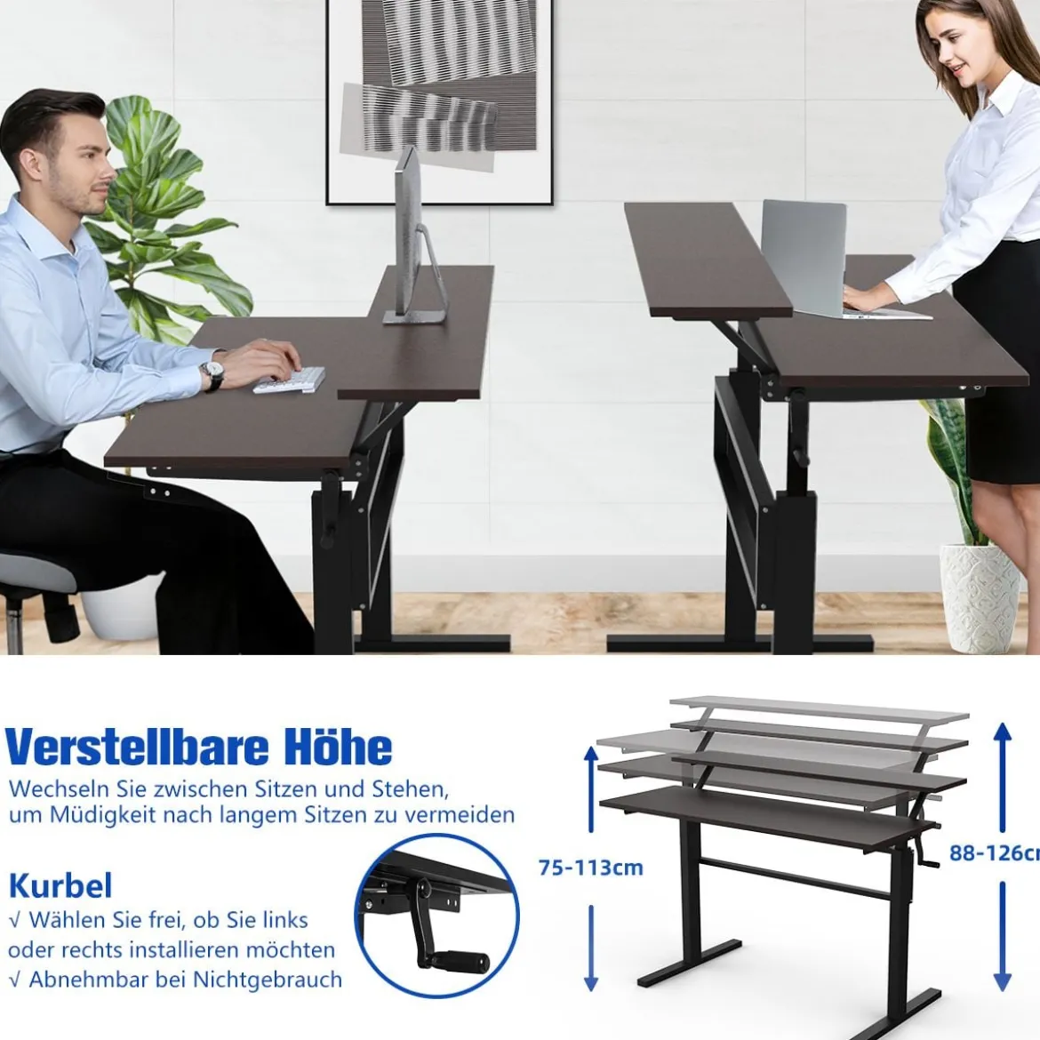 2-Etagen Stehtisch Sitz-Steh-Schreibtisch mit Monitor Regal Höhenverstellbar 120 x 60 x 88-126 cm Braun
