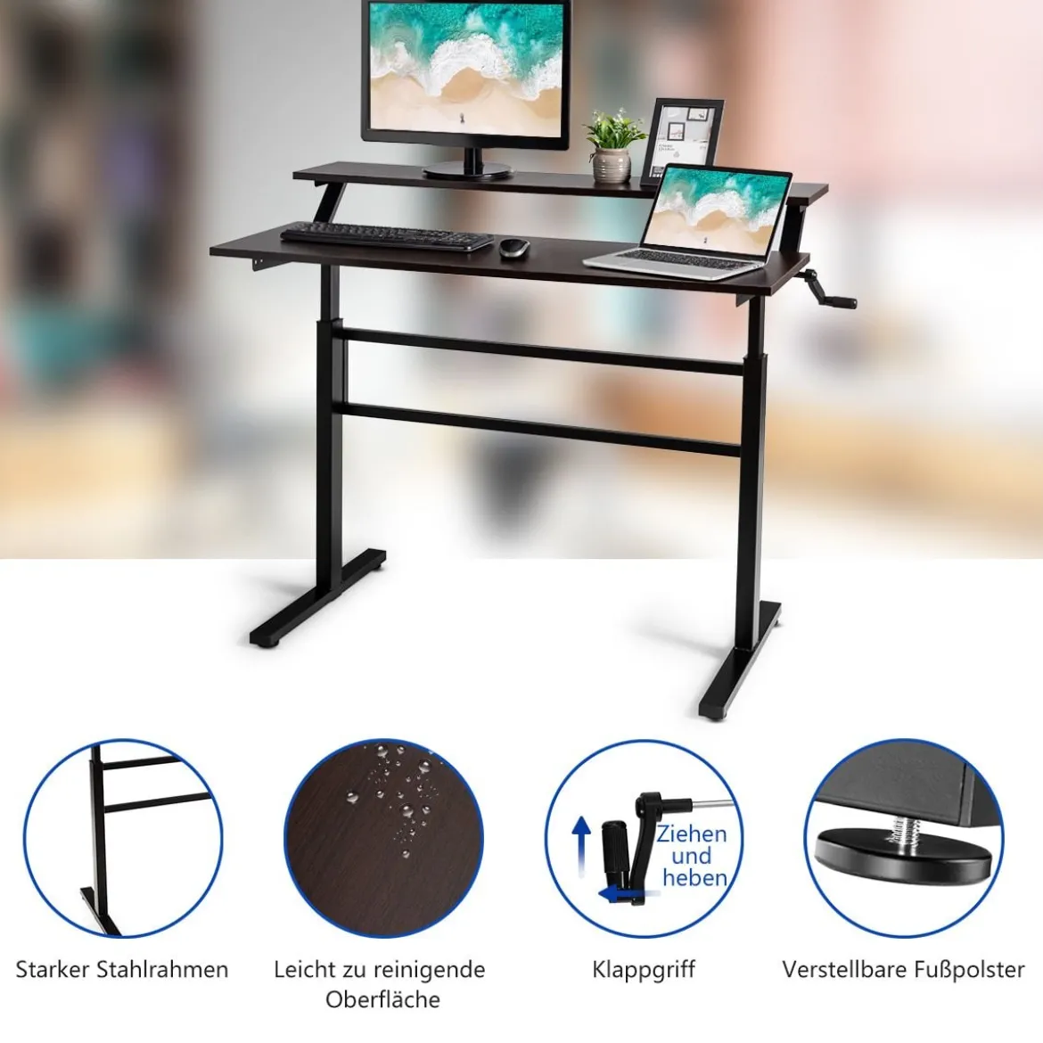 2-Etagen Stehtisch Sitz-Steh-Schreibtisch mit Monitor Regal Höhenverstellbar 120 x 60 x 88-126 cm Braun