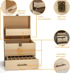 3 Etagen Ätherisches Öl Organizer 59 Fächer Ätherische Öl-Box Aufbewahrungsbox mit Schublade Holz