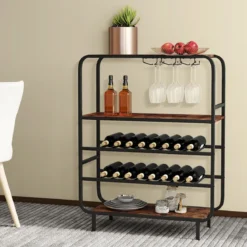 5 Etagen Weinregal für 16 Flaschen mit Glashaltern Flaschenregal Weinständer 90 x 35 x 117 cm