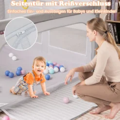 Faltbarer Baby Laufstall mit 50 Bälle & 4 Griffe & Reißverschlusstor Laufgitter Krabbelgitter Grau