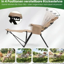 Faltbarer Campingstuhl mit Fußstütze Liegestuhl 4-fach Verstellbarer Rückenlehne bis 150 kg Belastbar Khaki