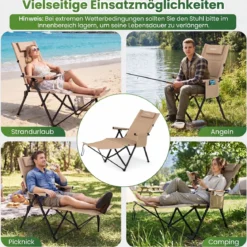 Faltbarer Campingstuhl mit Fußstütze Liegestuhl 4-fach Verstellbarer Rückenlehne bis 150 kg Belastbar Khaki