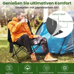 Faltbarer Campingstuhl mit Verstellbarer Rückenlehne & Seitentasche Gepolsterter Klappstuhl