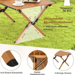 Faltbarer Campingtisch aus Aluminium Picknicktisch mit Holzoptik Natur 89x59x45cm