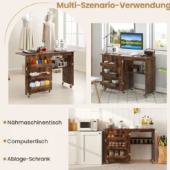 Faltbarer Nähtisch Rollende Bastelstation mit Ablagefach 3 versteckte Behälter Mobiler Nähtisch 118,5 x 40 x 79,5 cm Braun