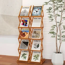 Faltbarer Zeitschriftenständer mit 5 Ablagefächern aus Bambus 40 x 35 x 146 cm Walnuss