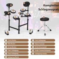 Faltbares E-Drum Set mit Mesh Pads & 150 Sounds & 10 Demos 7 Teiliges E-Schlagzeug Komplettset