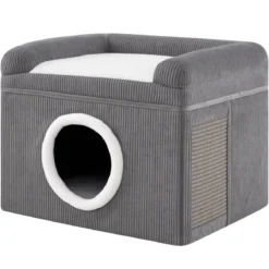Faltbares Katzenhaus mit Sisal-Kratzmatte & Weiches Kissen & Erhöhten Kanten Katzenbett Grau