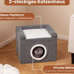 Faltbares Katzenhaus mit Sisal-Kratzmatte & Weiches Kissen & Erhöhten Kanten Katzenbett Grau