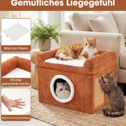 Faltbares Katzenhaus mit Sisal-Kratzmatte & Weiches Kissen & Erhöhten Kanten Katzenbett Braun