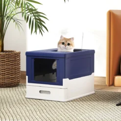 Faltbares Katzenklo mit Deckel & Ausziehbarem Tablett & Fronteinstieg Katzentoilette Blau