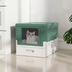 Faltbares Katzenklo mit Deckel & Ausziehbarem Tablett & Fronteinstieg Katzentoilette Grün