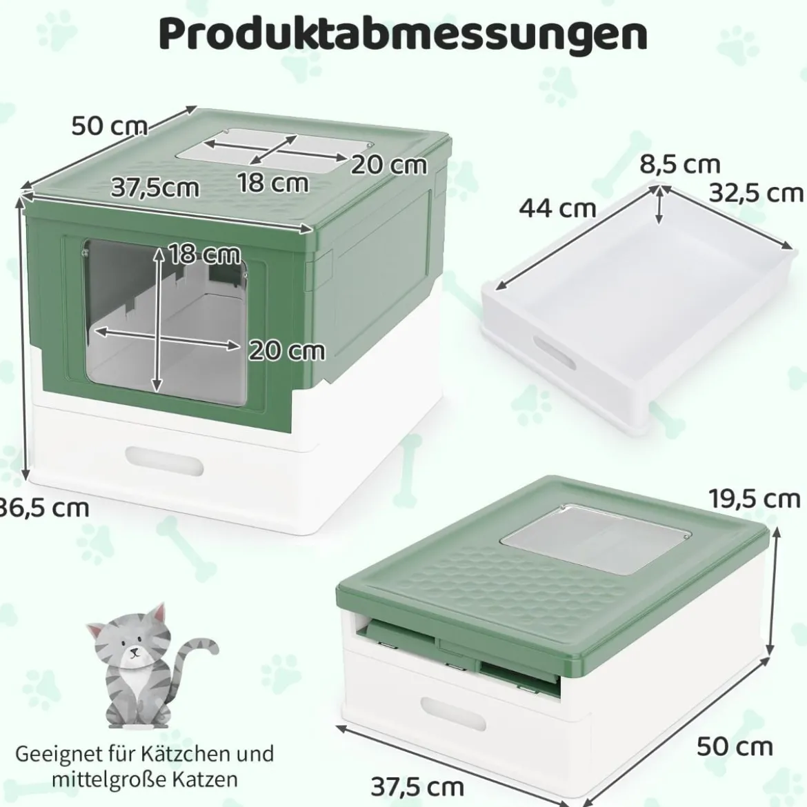 Faltbares Katzenklo mit Deckel & Ausziehbarem Tablett & Fronteinstieg Katzentoilette Grün