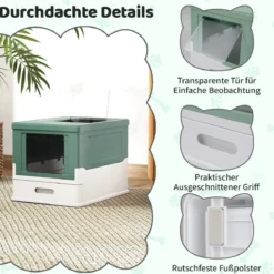 Faltbares Katzenklo mit Deckel & Ausziehbarem Tablett & Fronteinstieg Katzentoilette Grün