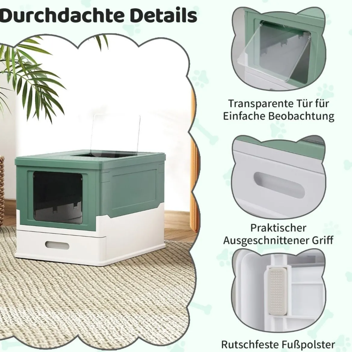 Faltbares Katzenklo mit Deckel & Ausziehbarem Tablett & Fronteinstieg Katzentoilette Grün