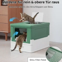 Faltbares Katzenklo mit Deckel & Ausziehbarem Tablett & Fronteinstieg Katzentoilette Grün