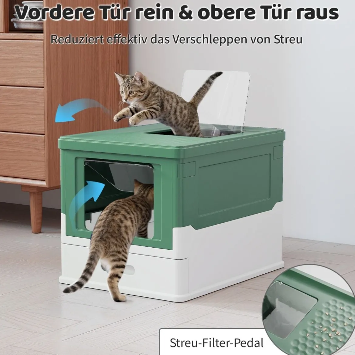 Faltbares Katzenklo mit Deckel & Ausziehbarem Tablett & Fronteinstieg Katzentoilette Grün