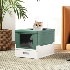 Faltbares Katzenklo mit Deckel & Ausziehbarem Tablett & Fronteinstieg Katzentoilette Grün