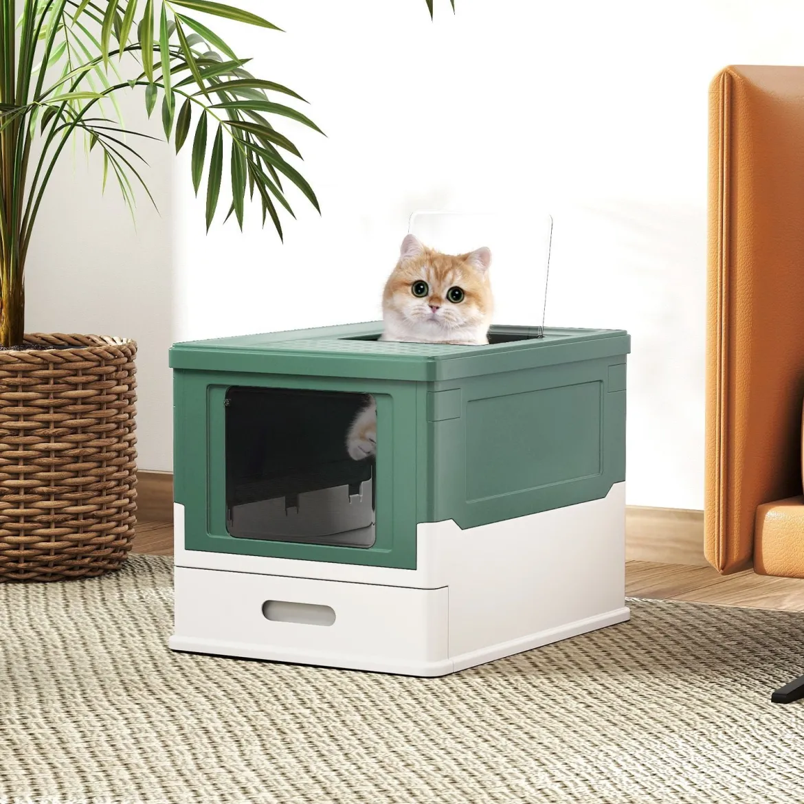Faltbares Katzenklo mit Deckel & Ausziehbarem Tablett & Fronteinstieg Katzentoilette Grün