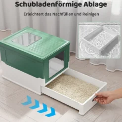 Faltbares Katzenklo mit Deckel & Ausziehbarem Tablett & Fronteinstieg Katzentoilette Grün
