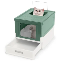 Faltbares Katzenklo mit Deckel & Ausziehbarem Tablett & Fronteinstieg Katzentoilette Grün