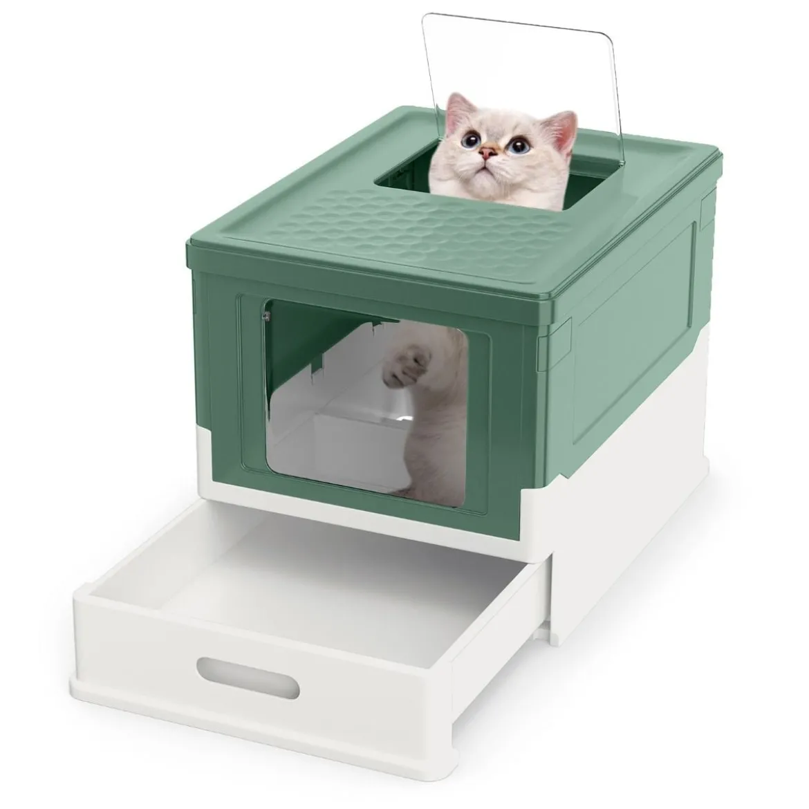 Faltbares Katzenklo mit Deckel & Ausziehbarem Tablett & Fronteinstieg Katzentoilette Grün