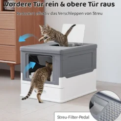 Faltbares Katzenklo mit Deckel & Ausziehbarem Tablett & Fronteinstieg Katzentoilette Grau