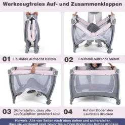 Faltbares Reisebett & Laufstall tragbares Babybett mit Babywiege Wickeltisch Spielbogen Musikbox Lila