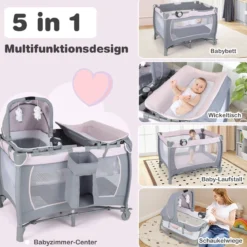 Faltbares Reisebett & Laufstall tragbares Babybett mit Babywiege Wickeltisch Spielbogen Musikbox Lila